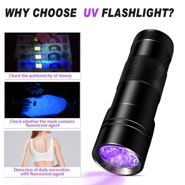 OBOSOE UV Lommelygte med 12 LED'er 395 nm Sort