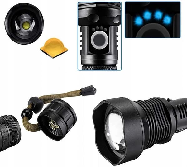 Taktinen taskulamppu ladattava tehokas LED XHP70 zoom USB-setti