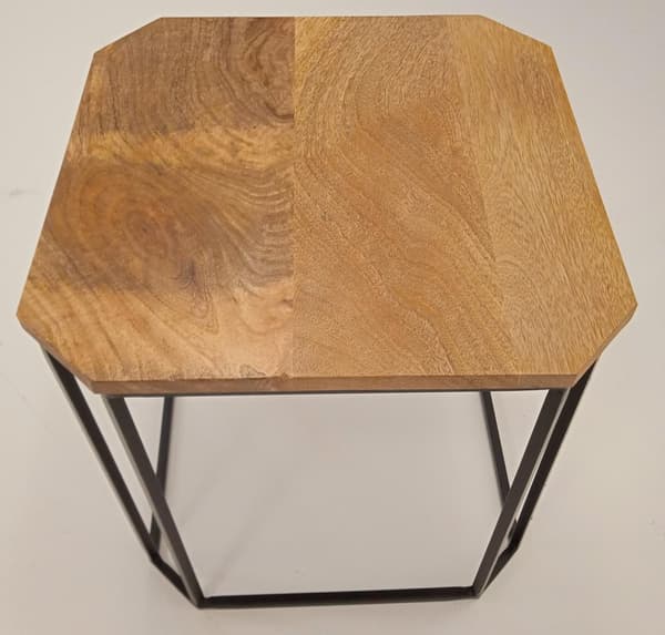 Handmade coffee table in solid wood, base in forged steel
