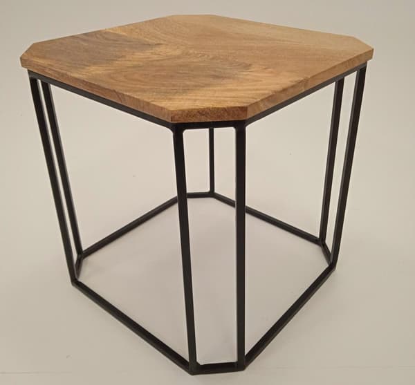 Handmade coffee table in solid wood, base in forged steel