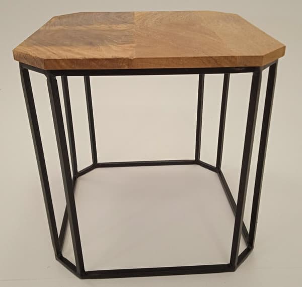 Handmade coffee table in solid wood, base in forged steel