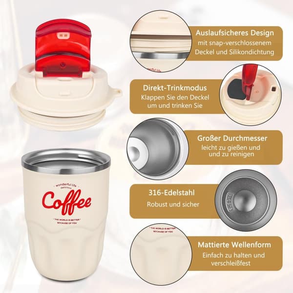 Smart Thermo Cup, 316 Rustfrit Stål, 12h Varme, Lækagesikker, 360 ml