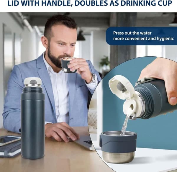 500 ml vesipullo, eristetty matkamuki sisäänrakennetulla vuotamattomalla kannella ja suodatinputkella, uudelleenkäytettävä, pitää kuumana, sininen