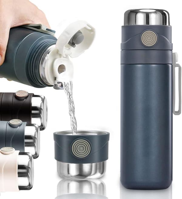 500 ml vattenflaska, isolerad resemugg med inbyggt läckagesäkert lock och filterpip, återanvändbar, håller varmt och kallt i 12 timmar, resor, blå