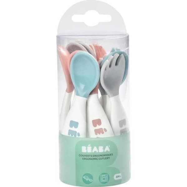 BEABA Set med 6 ergonomiska skedar + 4 gafflar (gammalrosa + luftig grön + lätt dimma)