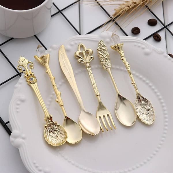 Dessertskeer og Dessertgaffel, 6 stk - Guld