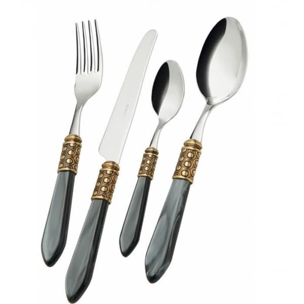 Bestick - Casa Bugatti - Set 24 delar - Rostfritt stål 18/10 - Handtag i svart pärlemor - Guldring