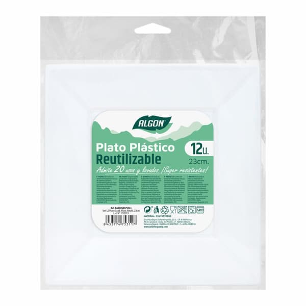 Set med återanvändbara tallrikar Algon Fyrkantig Vit Plast 23 x 23 x 2 cm (24 antal)