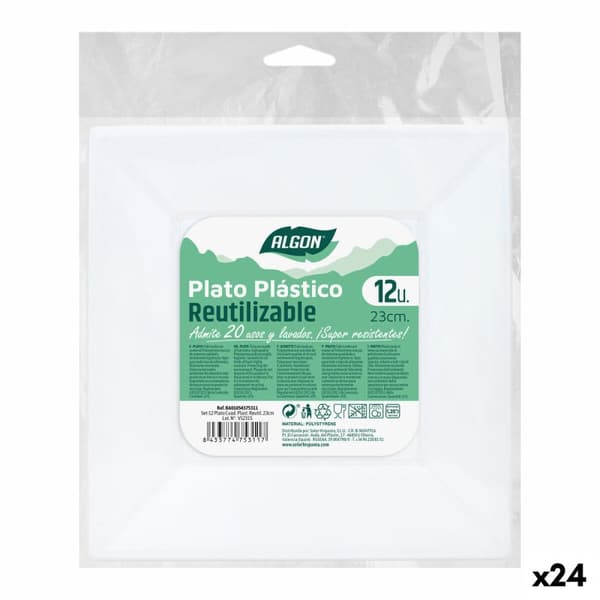 Set med återanvändbara tallrikar Algon Fyrkantig Vit Plast 23 x 23 x 2 cm (24 antal)