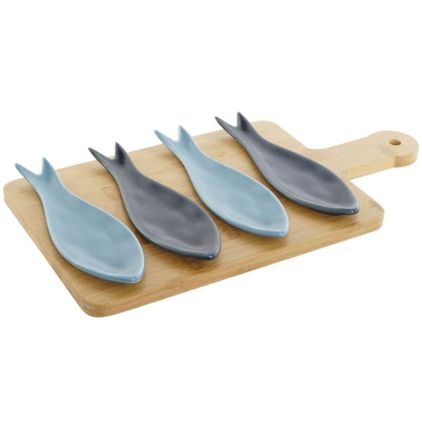 Tilltuggsset Home ESPRIT Blå Grön Marinblå Bambu Porslin Medelhavs Fiskar 36 x 18 x 1,3 cm 5 Delar