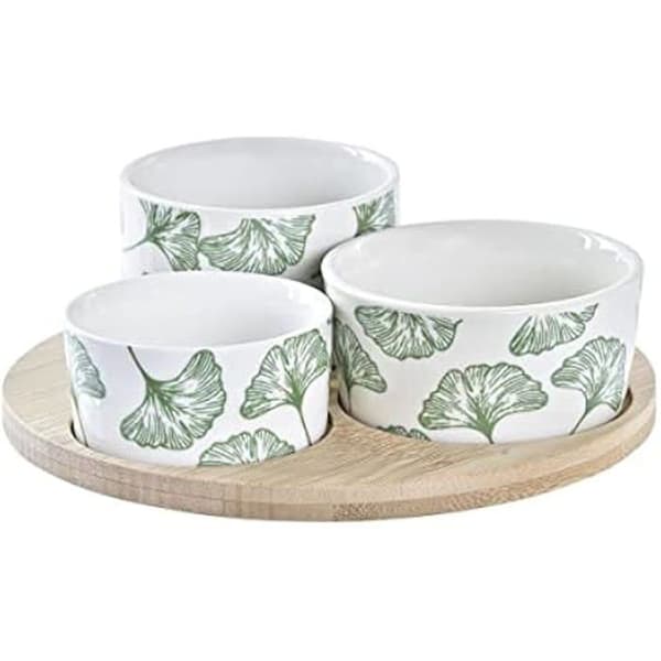 Snackset - DKD Heminredning - Standard - Bambu och stengods - 18 x 18 x 1 cm - Vit och Naturgrön