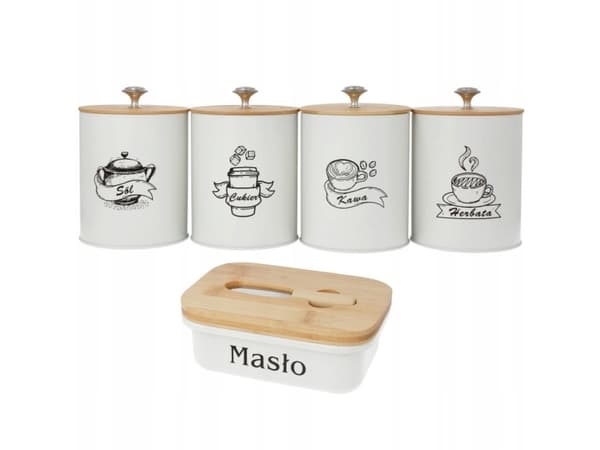 SETT MED 5 BEHOLDERE KAFFE TE SUKKER SALT + SMØRFAT 15X11CM BRUNBESTE BB-2689 (PL UNDERTITEL)