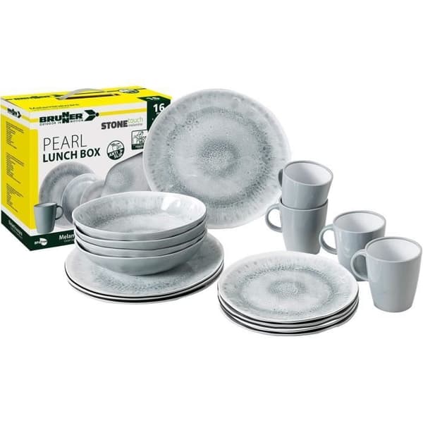 Brunner Melamin Äta Geschirr Set Lunch Box 16 Delar Camping Resa Tallrik Mug Stonetouch Pearl