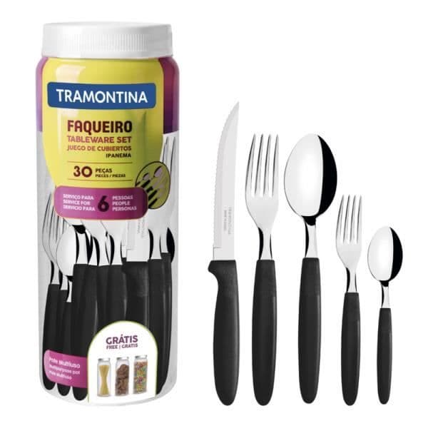 Ménagère Tramontina Ipanema. 30 delar. Inox och svart plast.