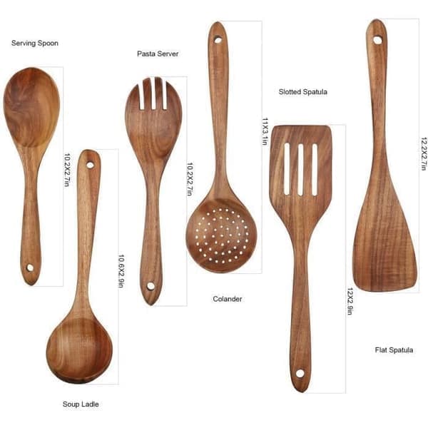 6-delt køkkenredskabssæt i teak til non-stick køkkengrej, træspatel, gaffel, spatel, øse, spatel