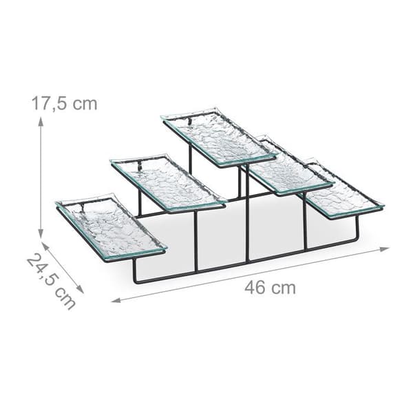 Relaxdays Tårtfat, 3 nivåer, 5 servisfat i glas, järn, 17,5 x 46 x 24,5 cm, transparent/svart