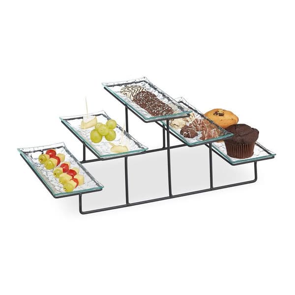 Relaxdays Tårtfat, 3 nivåer, 5 servisfat i glas, järn, 17,5 x 46 x 24,5 cm, transparent/svart