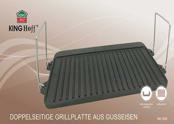 Grillplatta - KINGHOFF - KH-1262 - Högkvalitativ gjutjärn - Dubbel sida - 44 x 24 x 2 cm
