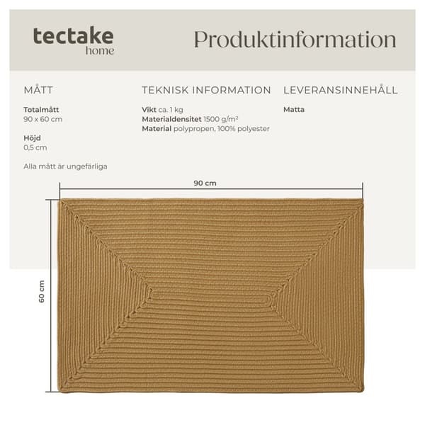 Flätad jutematta Raya, för in- och utomhusbruk - 60 x 90 cm