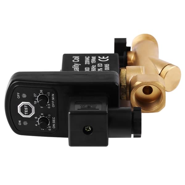 Vanne de Purge Automatique Électronique G1/2 DN15 pour Compresseur d'Air - Électrovanne Programmables avec Réglage Temps - Drain Valve Condensats AC230V Vanne de Purge Automatique Électronique G1/2 DN15 pour Compresseur d'Air - Électrovanne Programmables avec Réglage Temps - Drain Valve Condensats AC230V