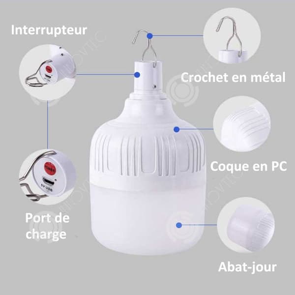 INN 220W USB-lampa med 3 belysningslägen och bärbar glödlampskrok lämplig för camping nödlampor utomhus
