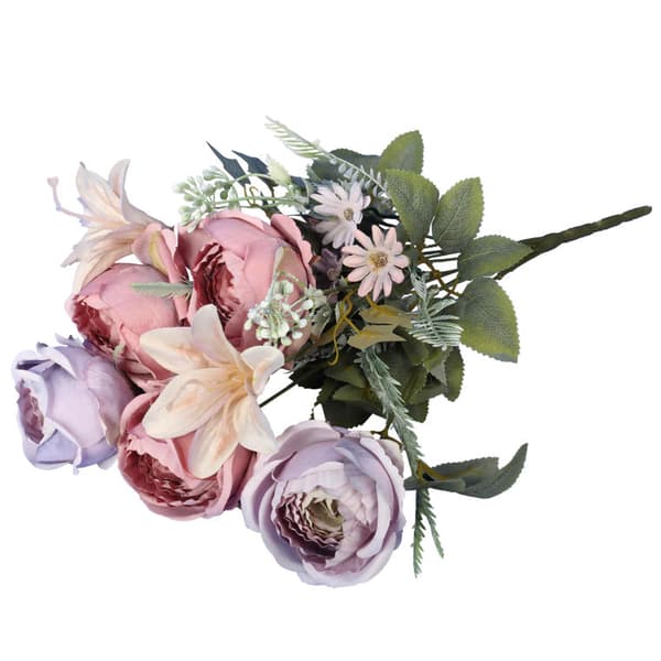 En bukett med 8 konstgjorda blommor, en blandning av ros och lilja, mörkrosa