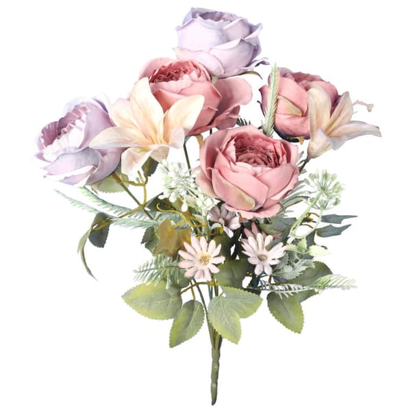 En bukett med 8 konstgjorda blommor, en blandning av ros och lilja, mörkrosa