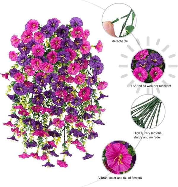 OBOSOE 2-Pack UV-kestävät riippuvat tekokukat – Morning Glory Vines 75 cm, elävä puutarhan ja kodin sisustukseen