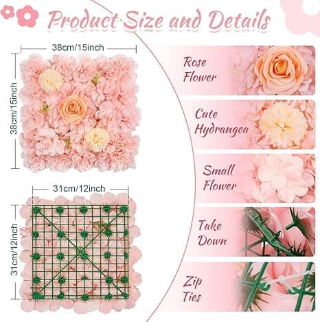 OBOSOE 6-pack Konstblomsterpaneler - 38x38 cm Rosbakgrund i Skär, Bröllop bakgrund dekoration