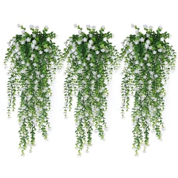 OBOSOE 3 st Hängande Konstgjorda Blommor – UV-beständiga Växter för Inomhus & Utomhus Dekoration Vit