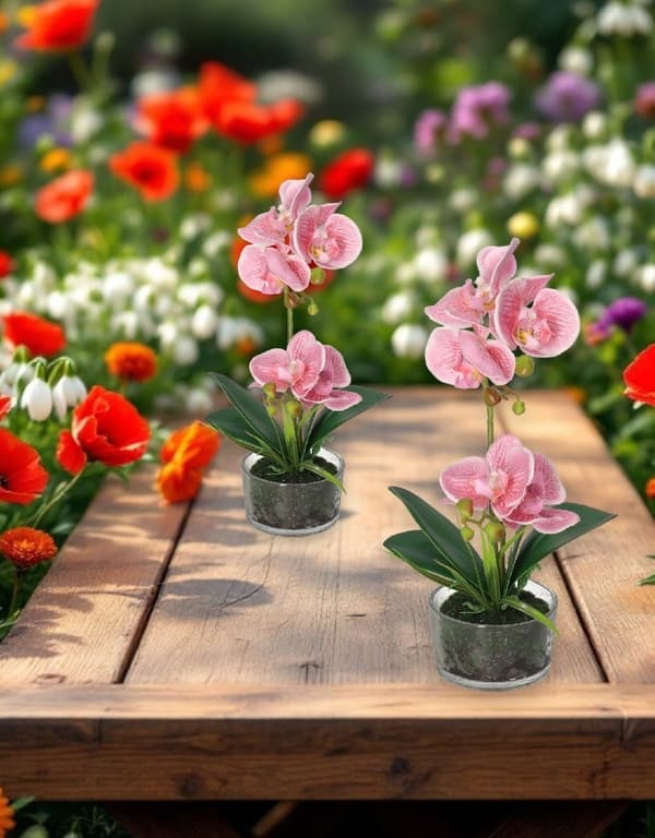 KONSTGJORDA ORKIDEBLOMMOR I PREMIUMKRUKA