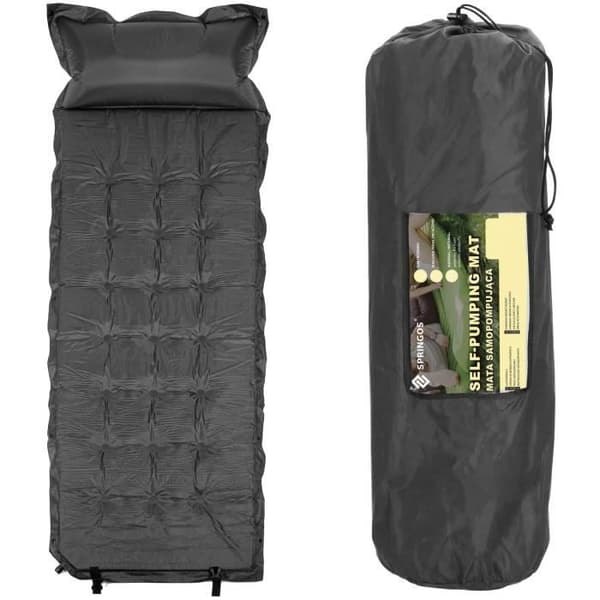 Självuppblåsande madrass med SPRINGOS® kudde - Quiltad madrass 68 x 193 cm - Grå
