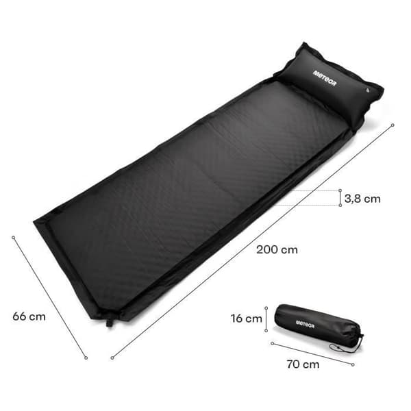 Meteor självuppblåsande matta - Självuppblåsande campingmadrass - 1 person - integrerad kudde - 200 cm x 66 cm - Svart