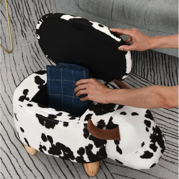 Rootz Hocker - Pouf - Lehmä - Lapsille - Säilytystila - Musta - Valkoinen - Kangas - Kumipuu - 62 x 35 x 36 cm