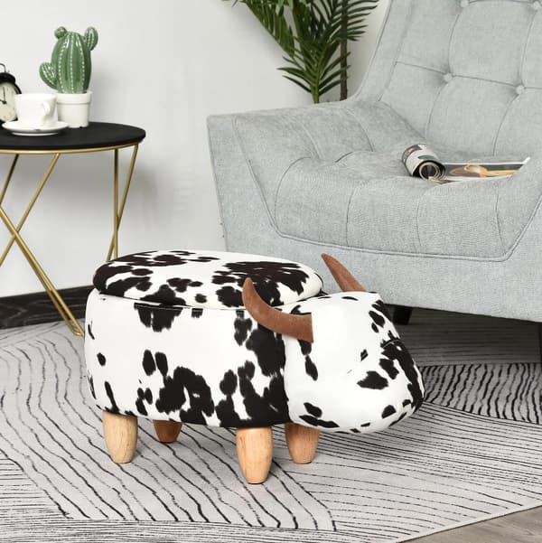 Rootz Hocker - Pouf - Lehmä - Lapsille - Säilytystila - Musta - Valkoinen - Kangas - Kumipuu - 62 x 35 x 36 cm