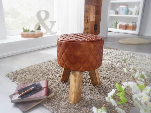 Rootz pall äkta läder - massivt trä 35x46x35 cm modern fotpall rund - Turnbock läderpall brun - Liten pall Klädd träpall med läderöverdrag
