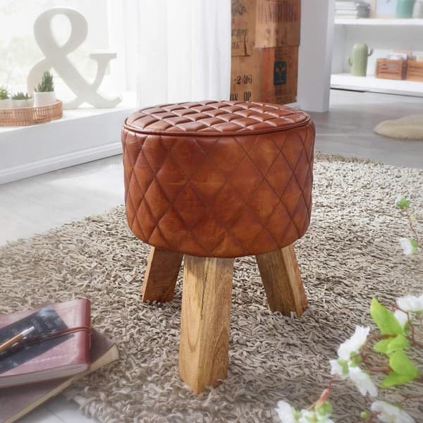 Rootz pall äkta läder - massivt trä 35x46x35 cm modern fotpall rund - Turnbock läderpall brun - Liten pall Klädd träpall med läderöverdrag