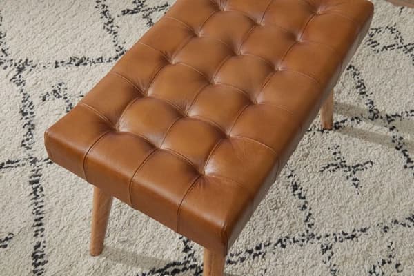 Rootz skammel 67x47x39 cm mango massivt træ - ægte læder Chesterfield design - Læder skammel brun - Side skammel uden ryglæn Country fodskammel