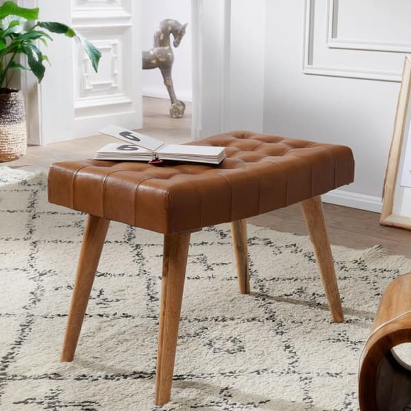 Rootz skammel 67x47x39 cm mango massivt træ - ægte læder Chesterfield design - Læder skammel brun - Side skammel uden ryglæn Country fodskammel