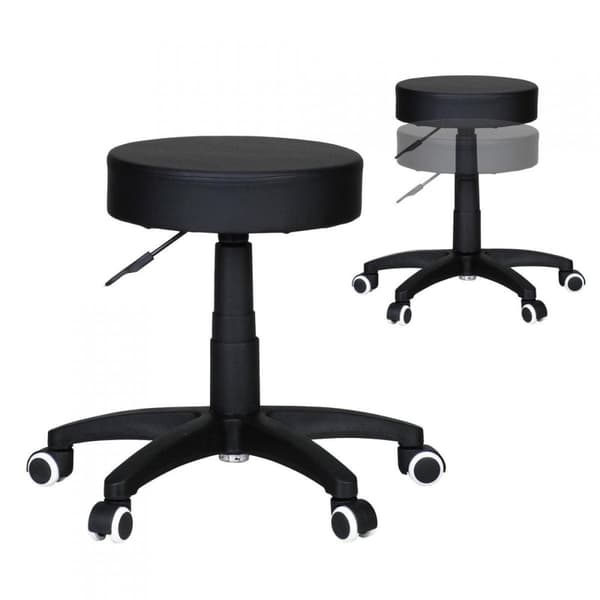 Rootz skammel, design arbejdsskammel, imiteret læder, sort, skammel med ruller, polstret skammel uden ryglæn