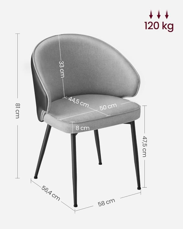 VASAGLE ruokailutuoli, pehmustettu tuoli, nojatuoli käsinojilla, metallijalat, vaaleanharmaa