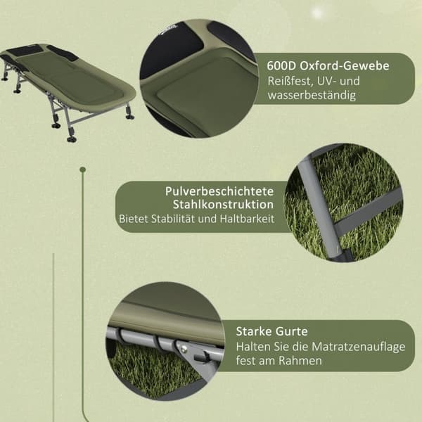 Rootz Camping Solstol - Utomhusfåtölj - Bärbar säng - Justerbart ryggstöd - Vadderad design - Halkfria fotstöd - 200 cm x 85 cm x 40-51 cm - Stål & 60