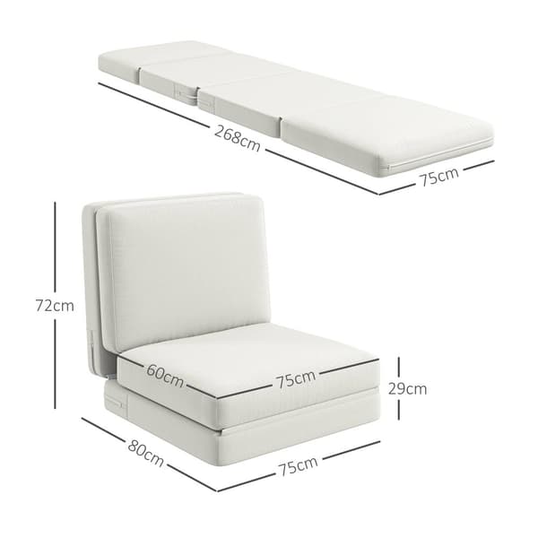 Rootz Folding Floor -stol - Konvertible polstret sofa - Meditationsstol - Velvet -lignende stofkomfort - 75 x 268 x 18 cm - Hvid