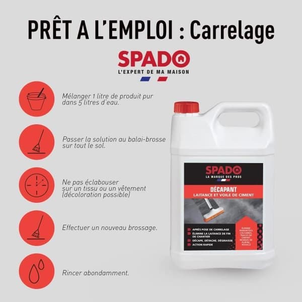 SPADO - Avfettningsmedel för mjölk och cementhinna - Tar bort cement, kalk, rost och gips - 5L - Tillverkat i Frankrike