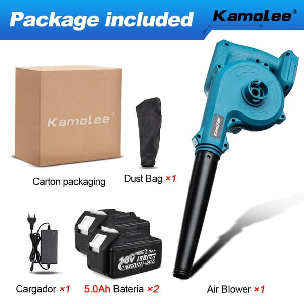 Kamolee Langaton Sähkötuuletin, 20000 RPM, 2-in-1 Imu- ja Puhallustoiminto,EU, 2x5.0Ah 18V Akut