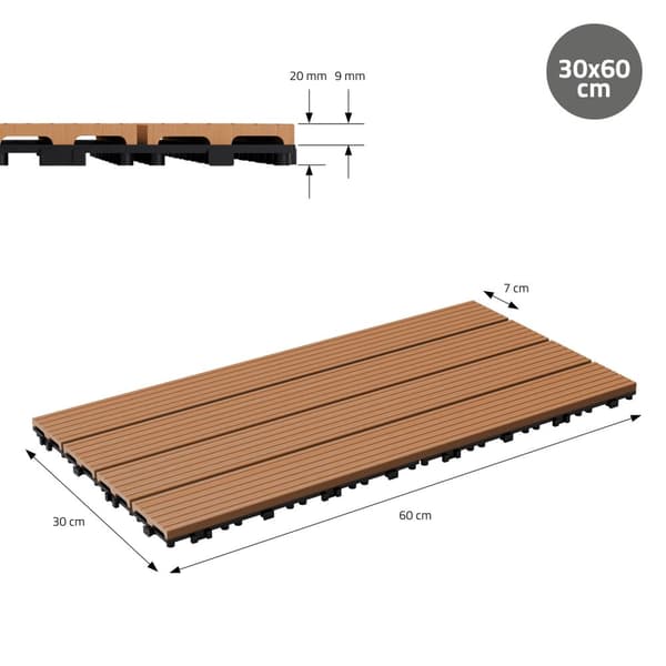 ECD Germany WPC terrassefliser 60x30 cm 11er besparelsessæt til 2m² lysebrun i træ kig efter havebalkongulve med dræning og kliksystem terrassegulv