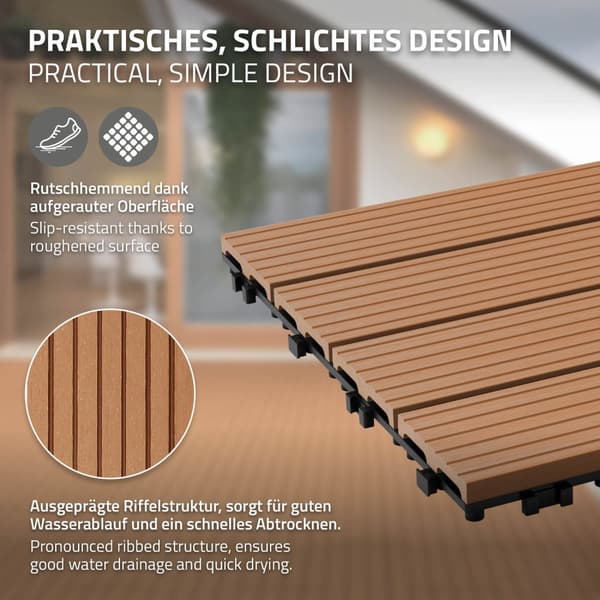 ECD Germany WPC terrassplattor 60x30 cm 17 stycken besparingssats för 3m² ljusbrun i trä leta efter trädgårdsbalkongolv med dränerings- och