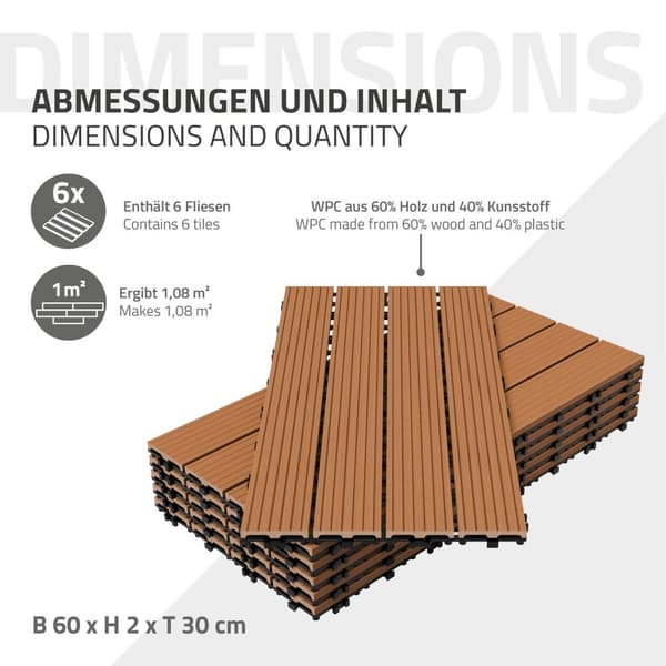 ECD Germany WPC terrassplattor 60x30 cm 17 stycken besparingssats för 3m² ljusbrun i trä leta efter trädgårdsbalkongolv med dränerings- och