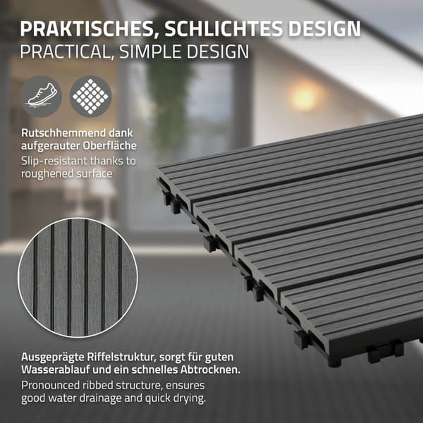 ECD Germany WPC terrassefliser 60x30 cm 17-delt sæt til 3m² antracit i træ kig efter havebalkongulve med dræning og kliksystem terrassebord