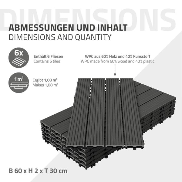 ECD Germany WPC terrassefliser 60x30 cm 17-delt sæt til 3m² antracit i træ kig efter havebalkongulve med dræning og kliksystem terrassebord